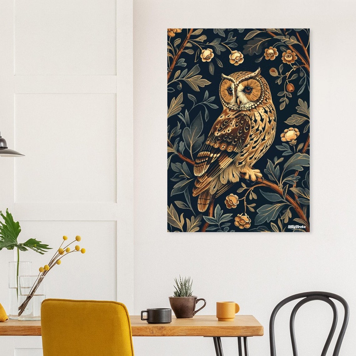 Long Eared Owl Perched On A Navy Botanical Floral Branch Poster - Image 2