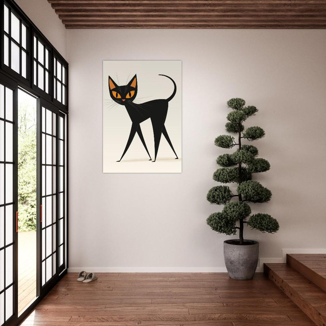 Retro Minimalist Black Cat With Glowing Amber Eyes Illustration Poster - Image 3