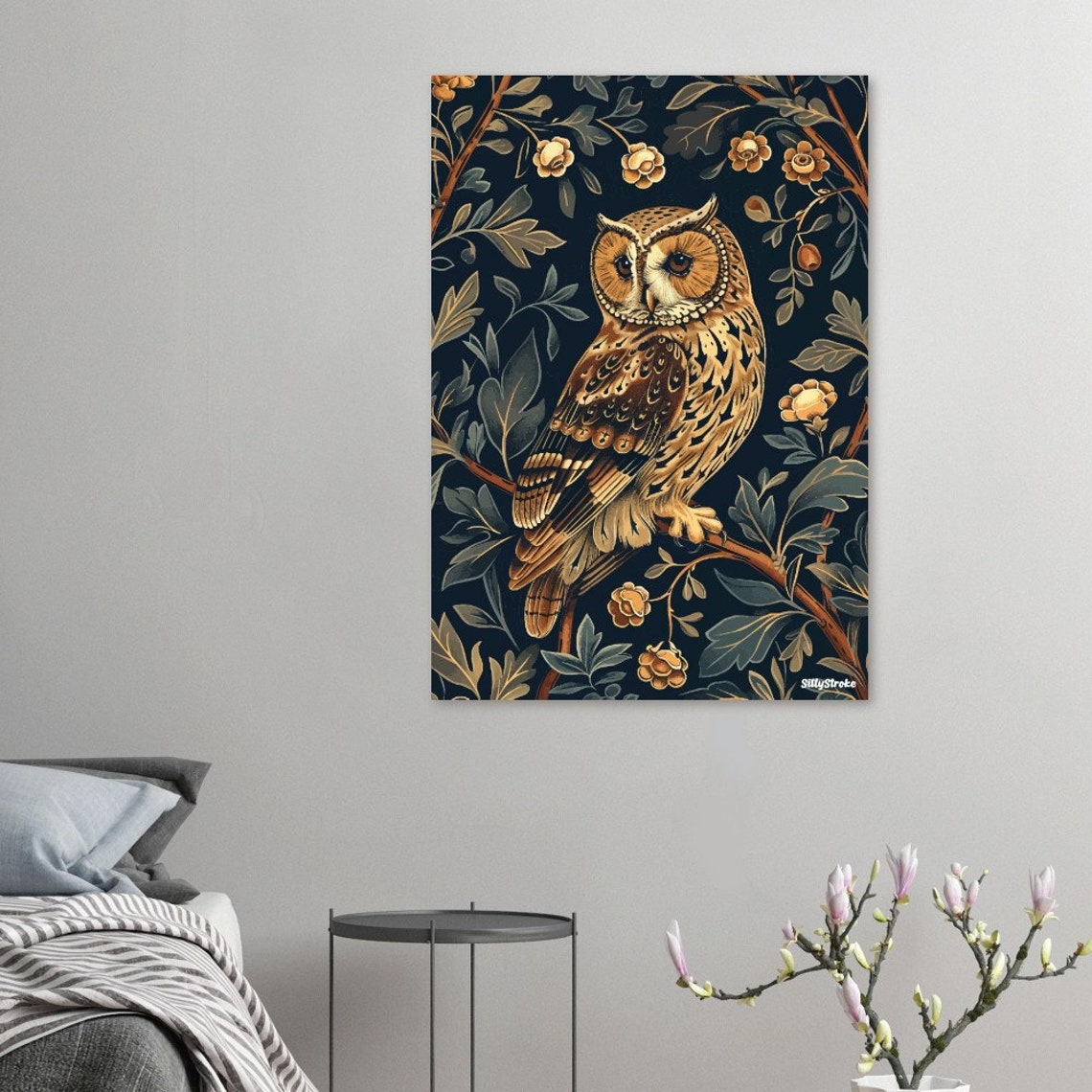 Long Eared Owl Perched On A Navy Botanical Floral Branch Poster