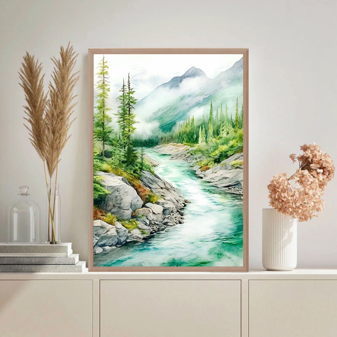 Turquoise Mountain River Pine Forest Rocky Banks Watercolor Poster - Image 4