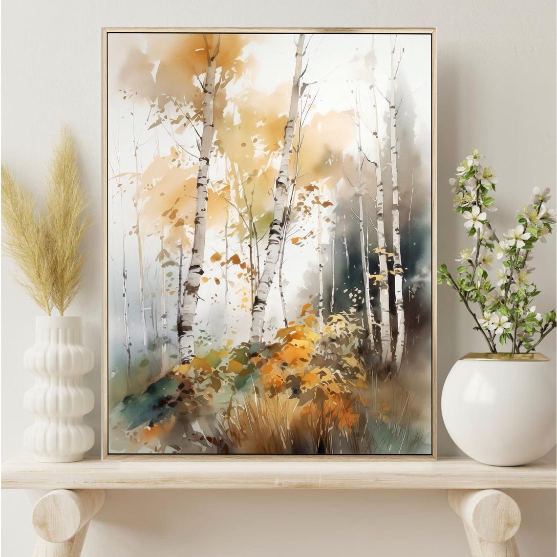 Golden Birch Trees Autumn Forest White Bark Watercolor Wall Art - Image 5