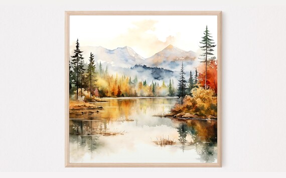 Autumn Lake Golden Foliage Mountain Reflection Watercolor Poster