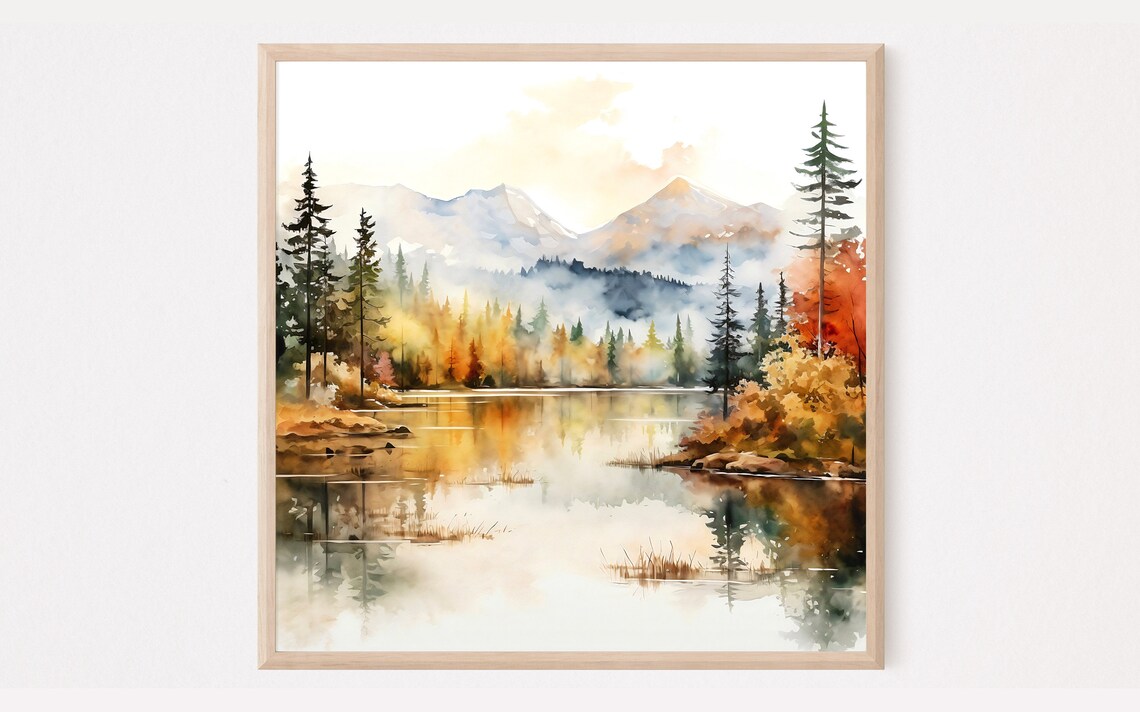 Autumn Lake Golden Foliage Mountain Reflection Watercolor Poster