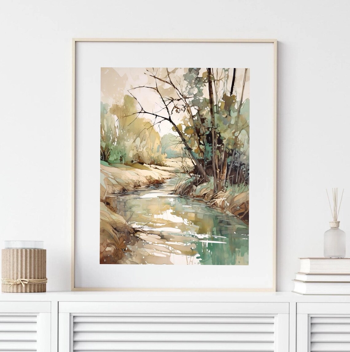 Woodland River Sandy Banks Quiet Trees Watercolor Art Poster - Image 2
