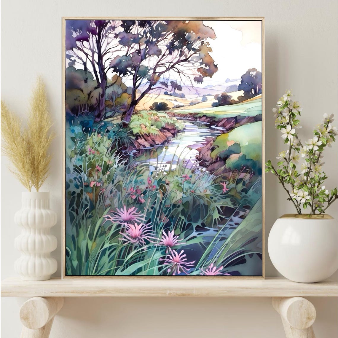 Purple Trees Creekside Trail Green Hills Watercolor Art Poster - Image 3
