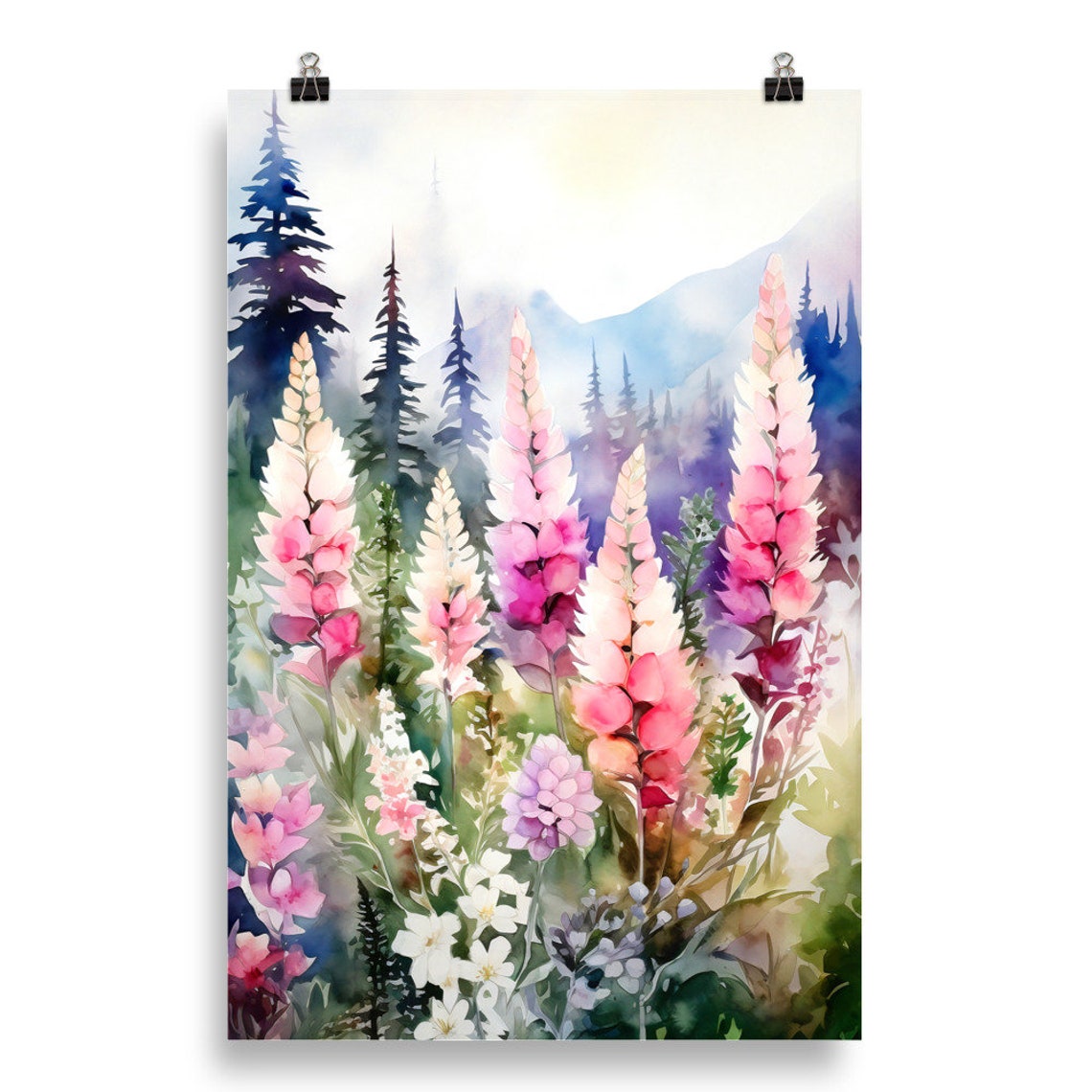 Pink Lupines Wildflowers Mountain Forest Watercolor Landscape Poster - Image 5