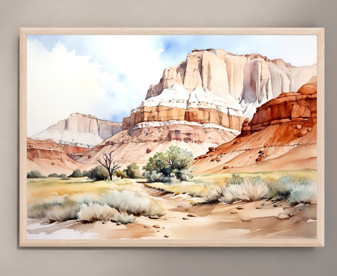 Red Rock Desert Canyon Watercolor with Cliffs and Shrubs Poster - Image 3