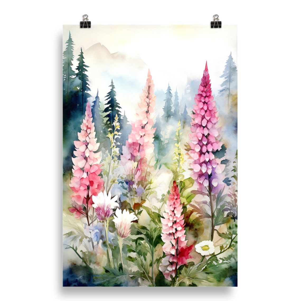Tall Pink Foxglove Wildflower Spikes Misty Pine Forest Poster - Image 5