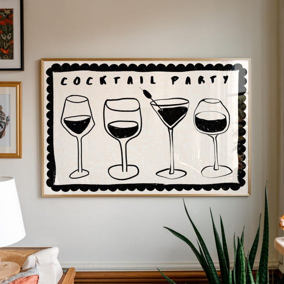 Retro Bar Cart Print Black Line Art Dopamine Decor
