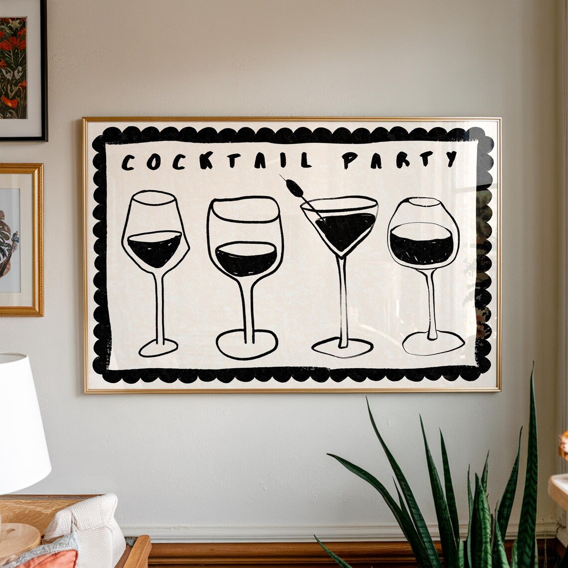 Cocktail Party Black Line Art Poster Wine Martini Glasses Kitchen Decor