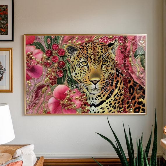 Jeweled Leopard Print Pink Floral Jungle Art