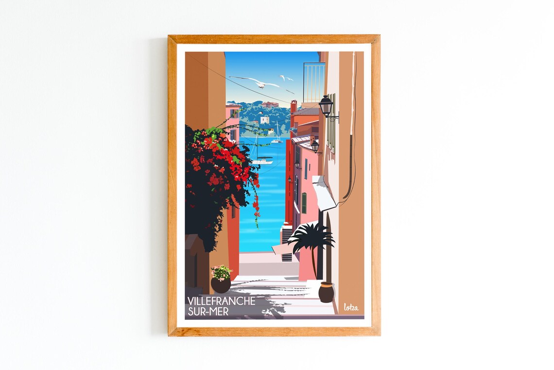 Villefranche Sur Mer French Riviera Retro Travel Poster Street to Sea