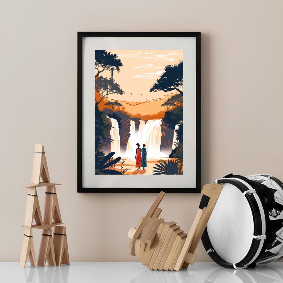 Nigeria Waterfall Sunset with Two Women Art Illustration Poster - Image 2