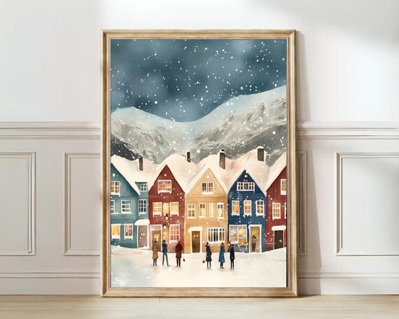 Norway Winter Colorful Row Houses Snowy Mountains Village Poster