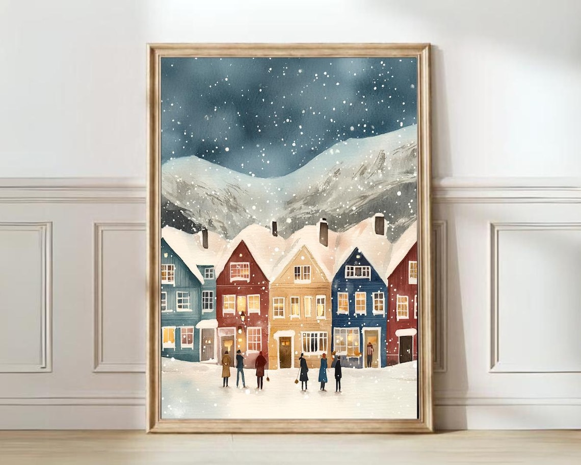 Norway Winter Colorful Row Houses Snowy Mountains Village Poster