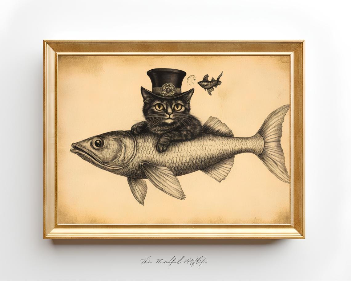 Sepia Top Hat Cat Riding Fish Vintage Whimsical Sketch Poster