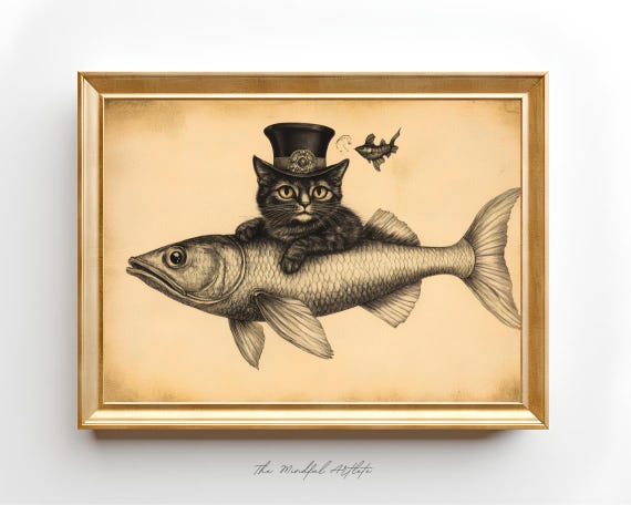 Vintage Fish Print Cat Pencil Drawing Cat And Fish Print Funny Animal Print Vintage Nursery Print Pencil Print Rustic Print
