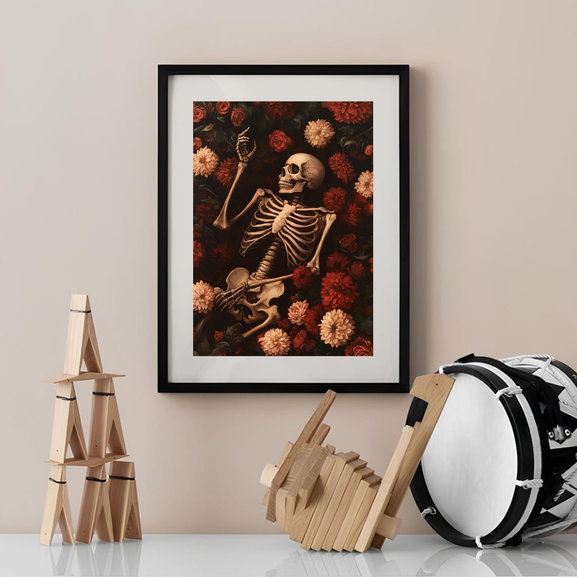 Skeleton Pointing Among Red Roses Dark Floral Halloween Poster - Image 2