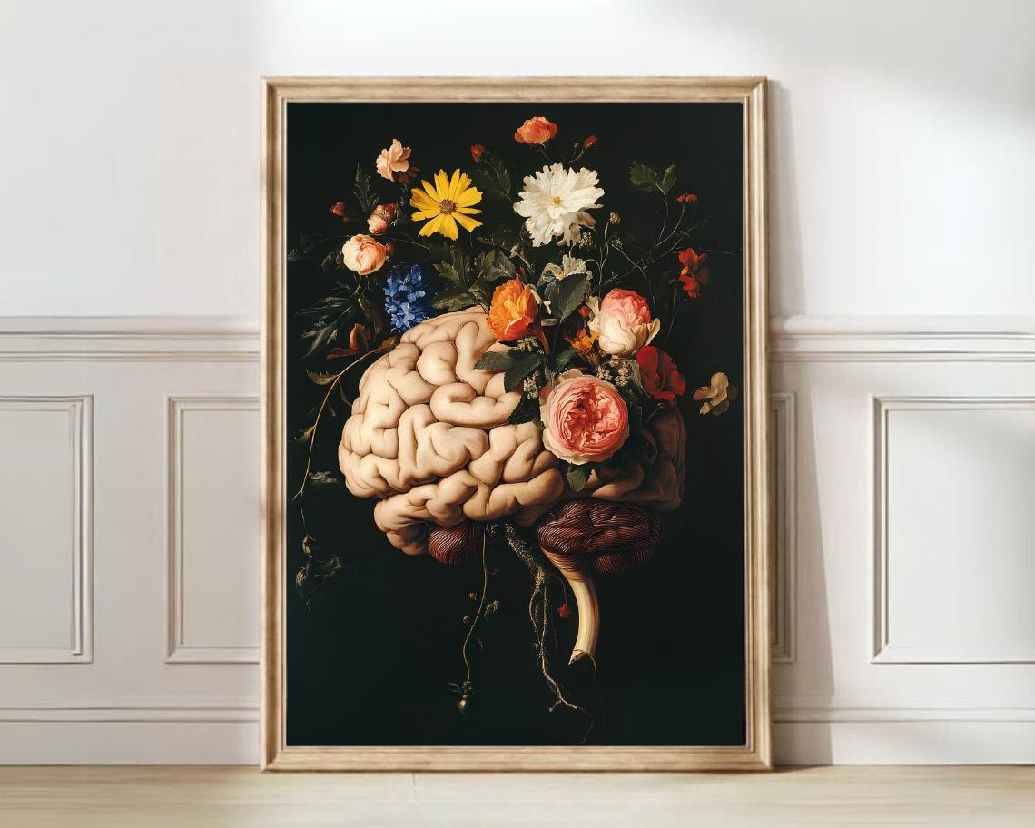 Vintage Brain Anatomy Print, Floral Halloween Art