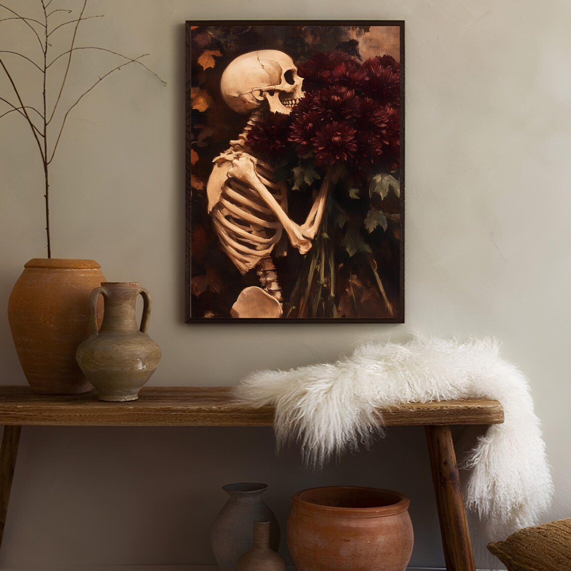 Skeleton Holding Dark Red Bouquet Moody Oil Painting Halloween Poster - Image 3