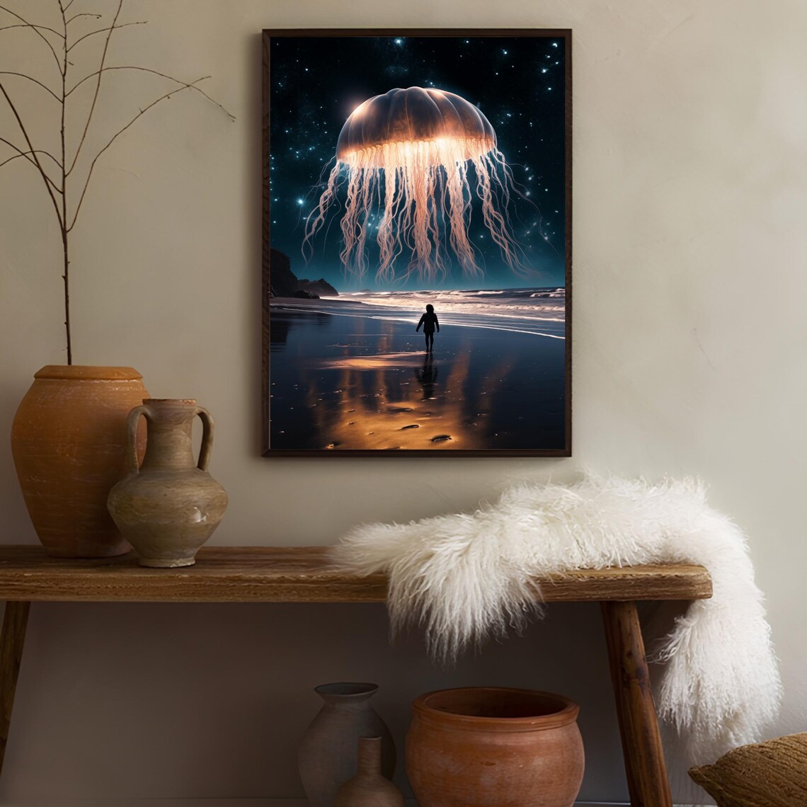 Golden Glowing Jellyfish Over Night Beach Surreal Ocean Art Poster - Image 3