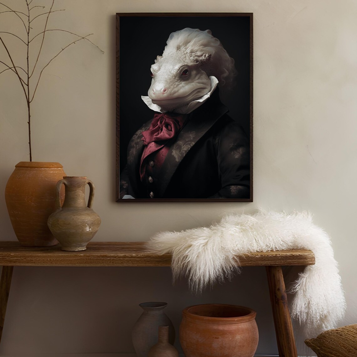 Victorian Axolotl Portrait with Red Bow Tie Dark Dapper Animal Poster - Image 2