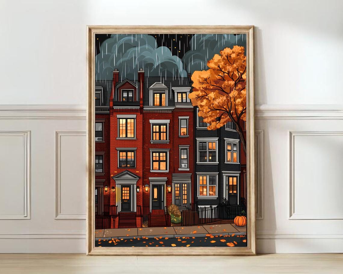 Chicago Brick Rowhouses Rainy Autumn Night Illustration Poster