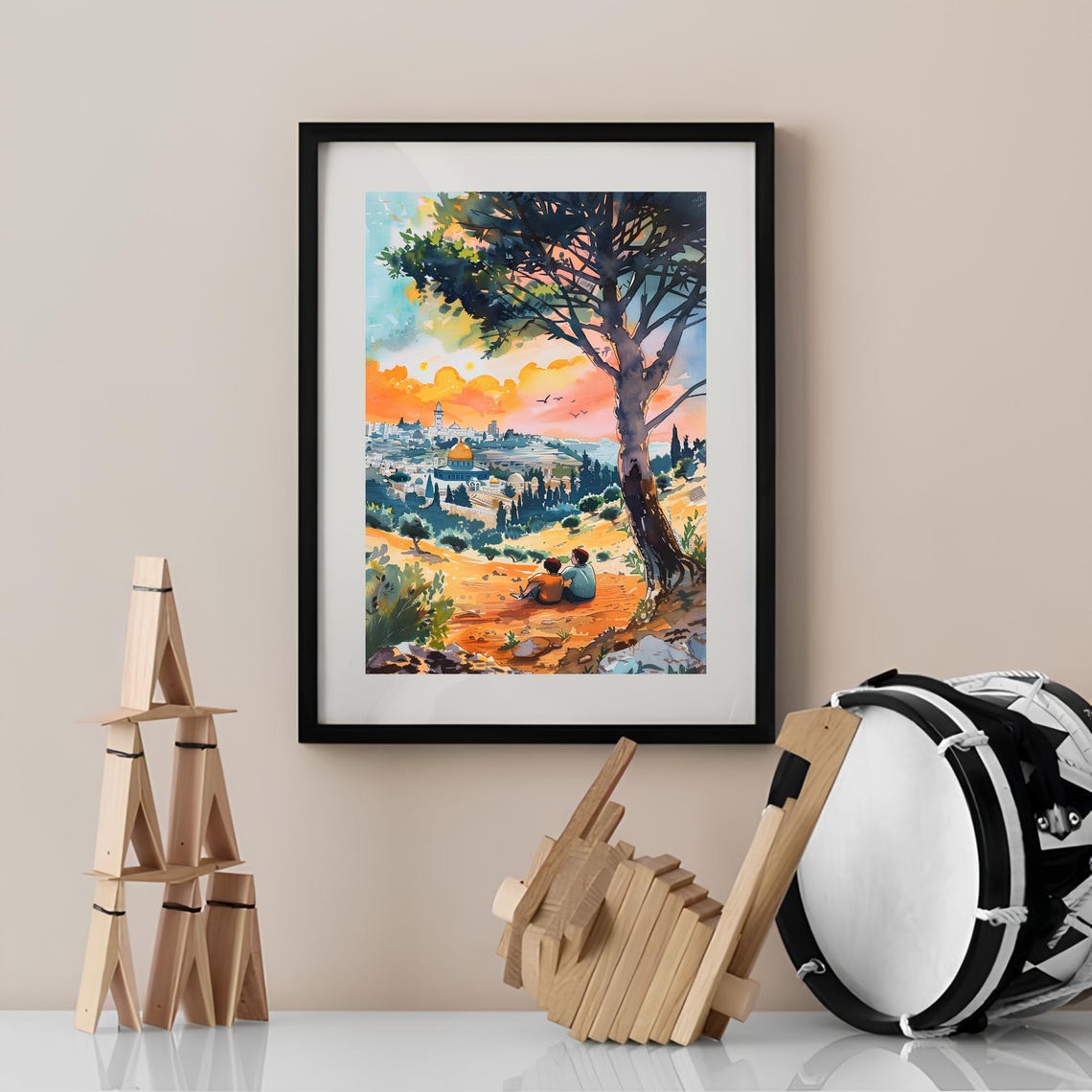 Palestine Dome of the Rock Jerusalem Sunset Watercolor View Poster - Image 2