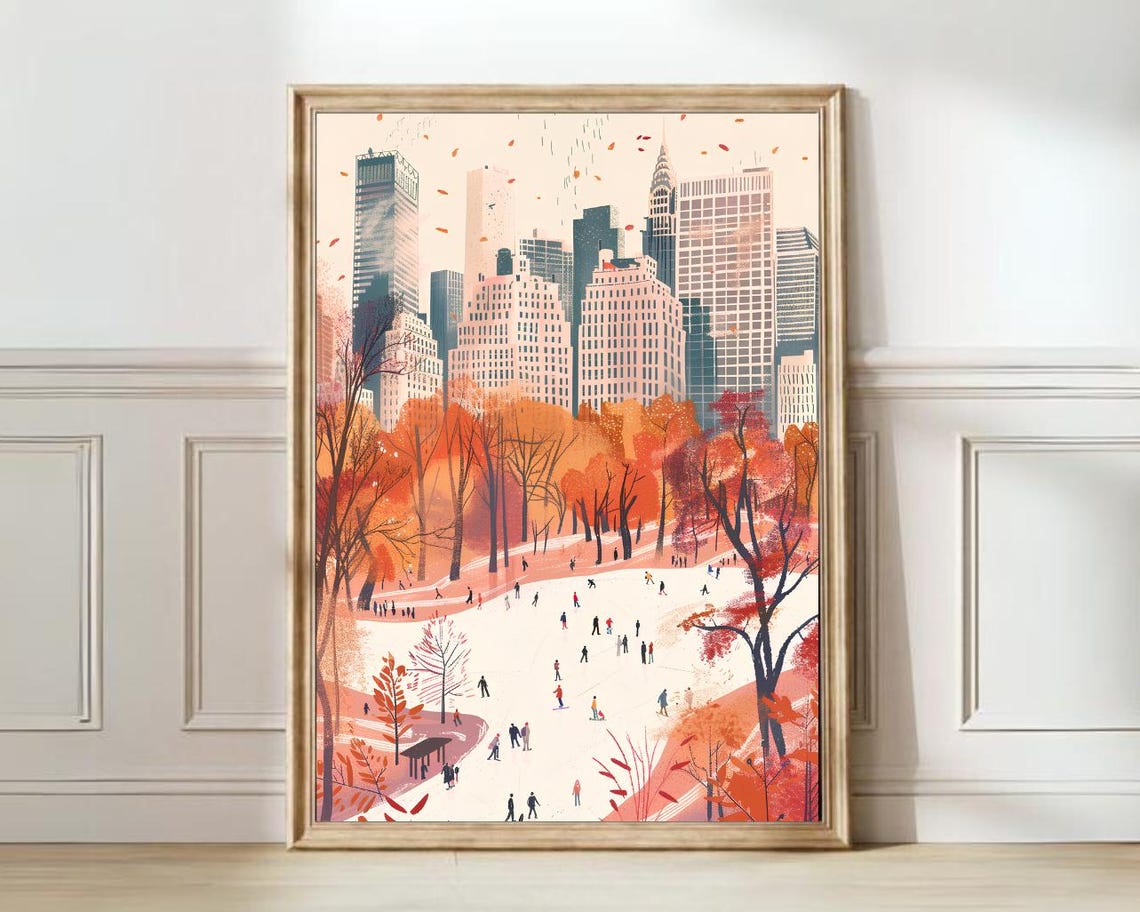 New York Central Park Autumn Ice Skaters Manhattan Skyline Poster