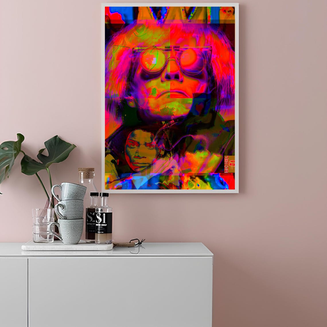 Basquiat And Warhol Neon Pop Art Glitch Collage Portrait Poster - Image 2