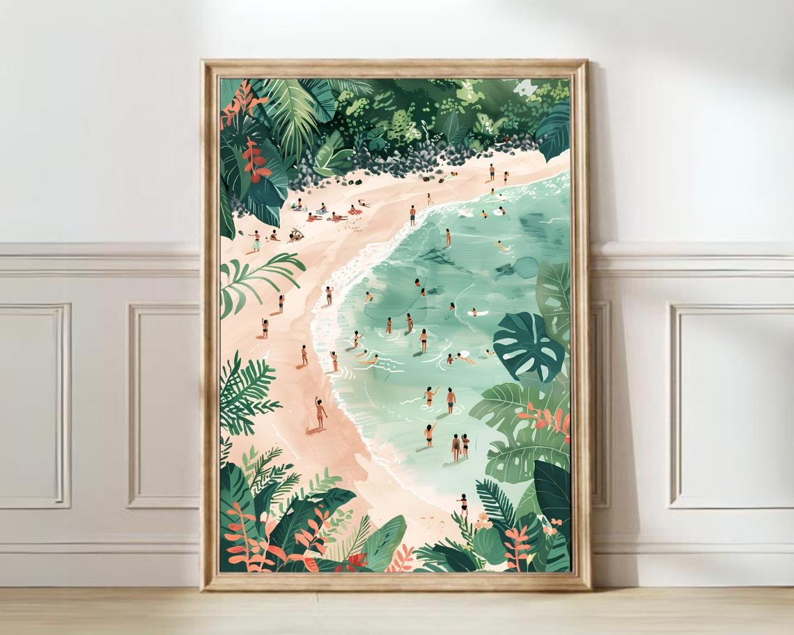 Thailand Illustration Beach Print, Floral Summer Nostalgia