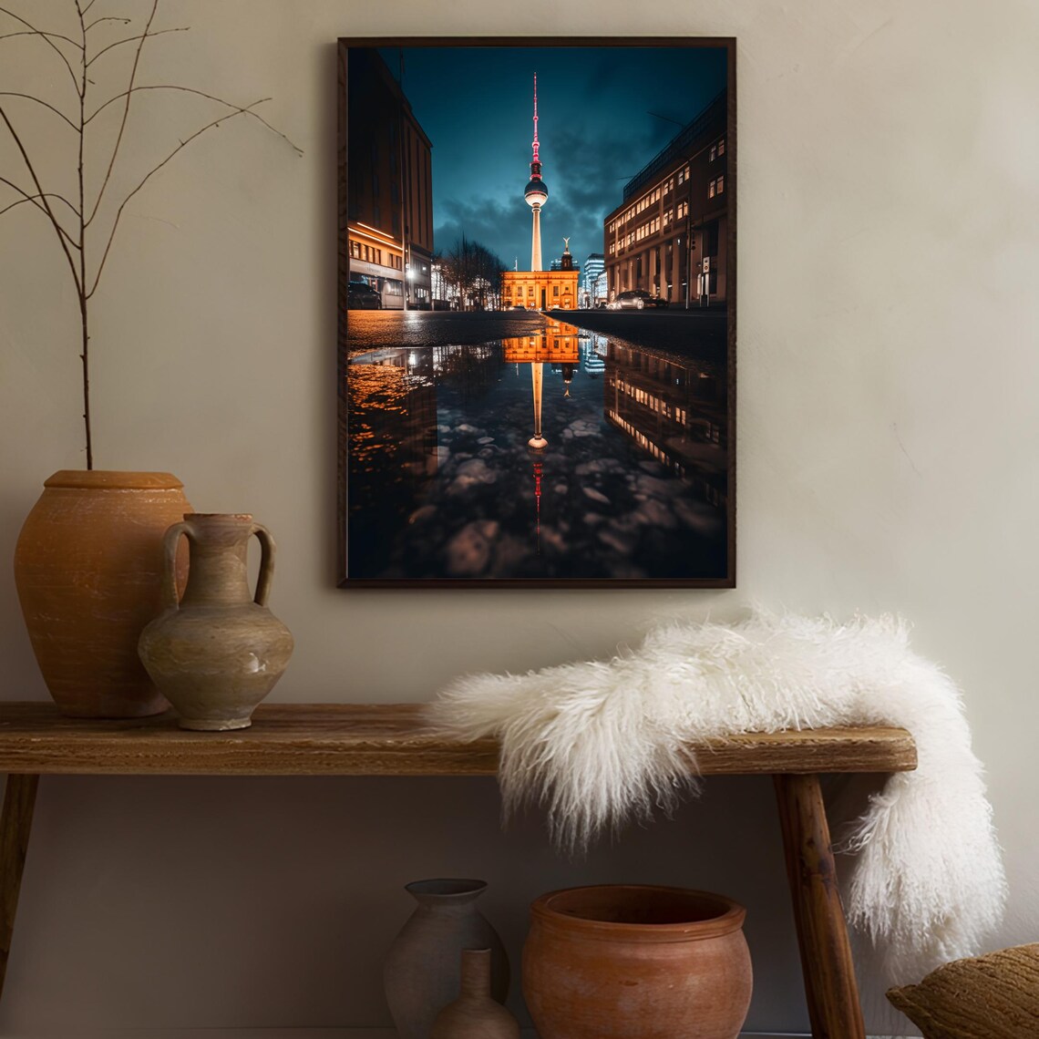 Berlin Germany TV Tower Night Street Reflection Travel Art Poster - Image 3