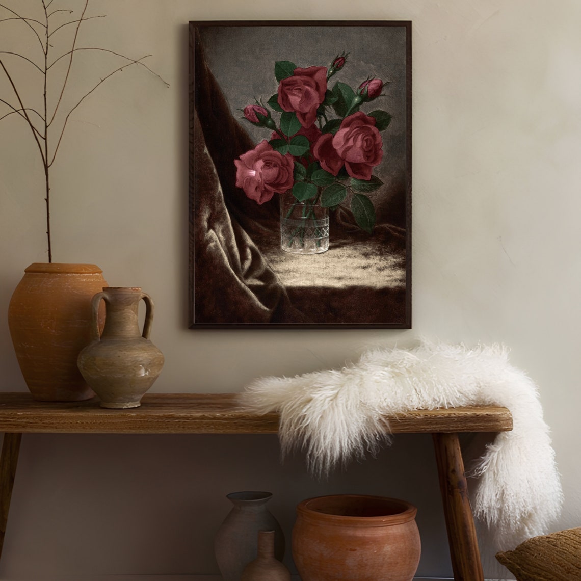 Deep Red Roses in Crystal Vase Dark Velvet Drapery Vintage Art Print - Image 2