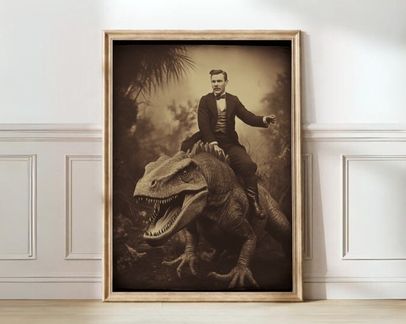 Vintage Dinosaur Wall Art Dinosaur Cowboy Vintage Photography Art Print Poster Dark Academia Gothic Wall Art Western Printable Wall Art