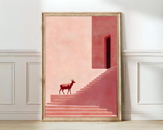 Goat Pink House Print Morocco Print Pink Wall Art Pastel Print Colorful Print Pink Architecture Print Cute Goat Print