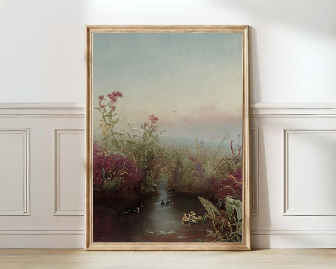 Vintage Lake Scene With Tall Reeds and Swimming Ducks at Dusk Poster