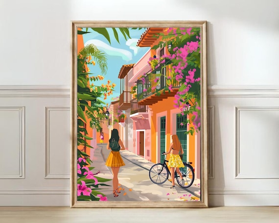 Cartagena Colombia Colorful Street With Balconies Travel Poster