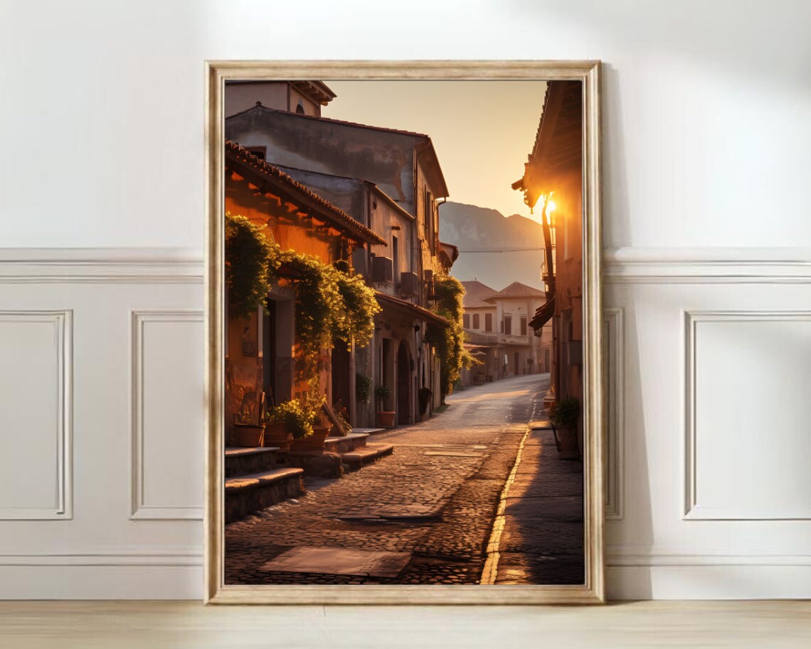 Italian Village Cobblestone Street At Sunset Golden Art Poster