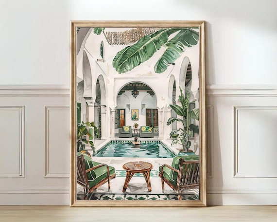 Morocco Print Morocco Illustration Moroccan Riad Print Swimming Pool Illustration Riad Gouache Morocco Watercolor Pool
