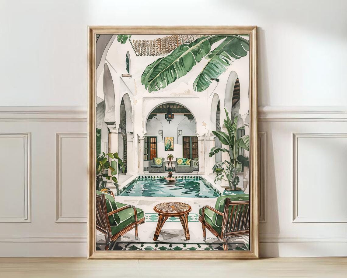 Morocco Riad Courtyard Pool Watercolor Tropical Oasis Art Poster