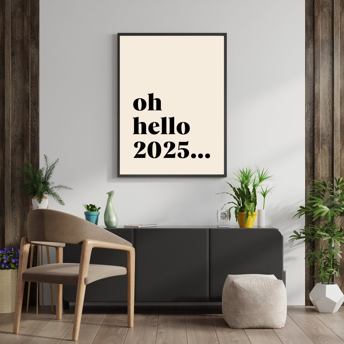 Oh Hello 2025 Minimalist Typography Neutral New Year Wall Art - Image 2