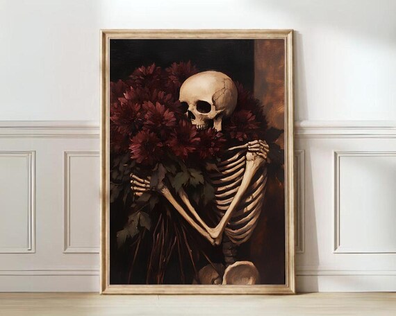 Skeleton Embracing Crimson Chrysanthemums Gothic Floral Halloween Poster