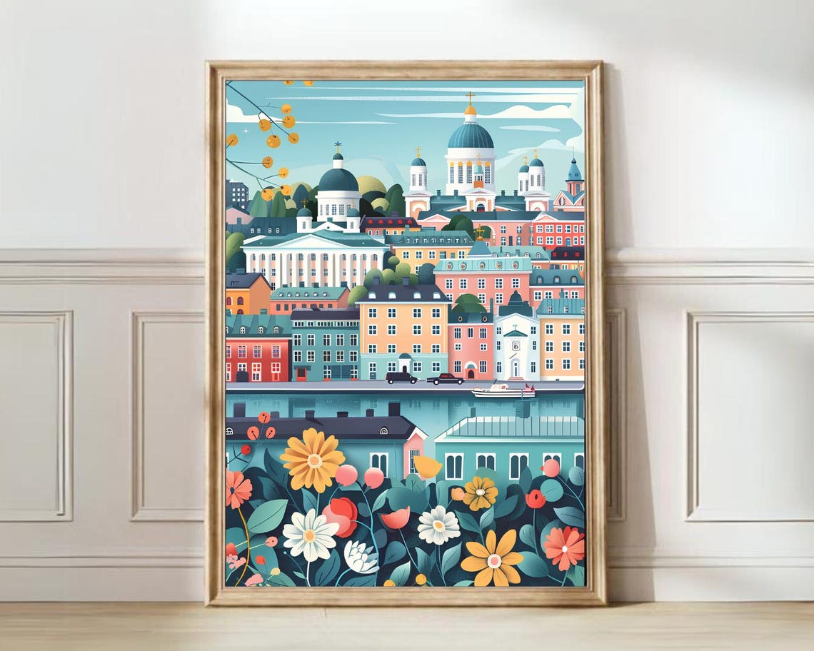 Helsinki Finland Cathedral Skyline with Wildflowers Scene Poster