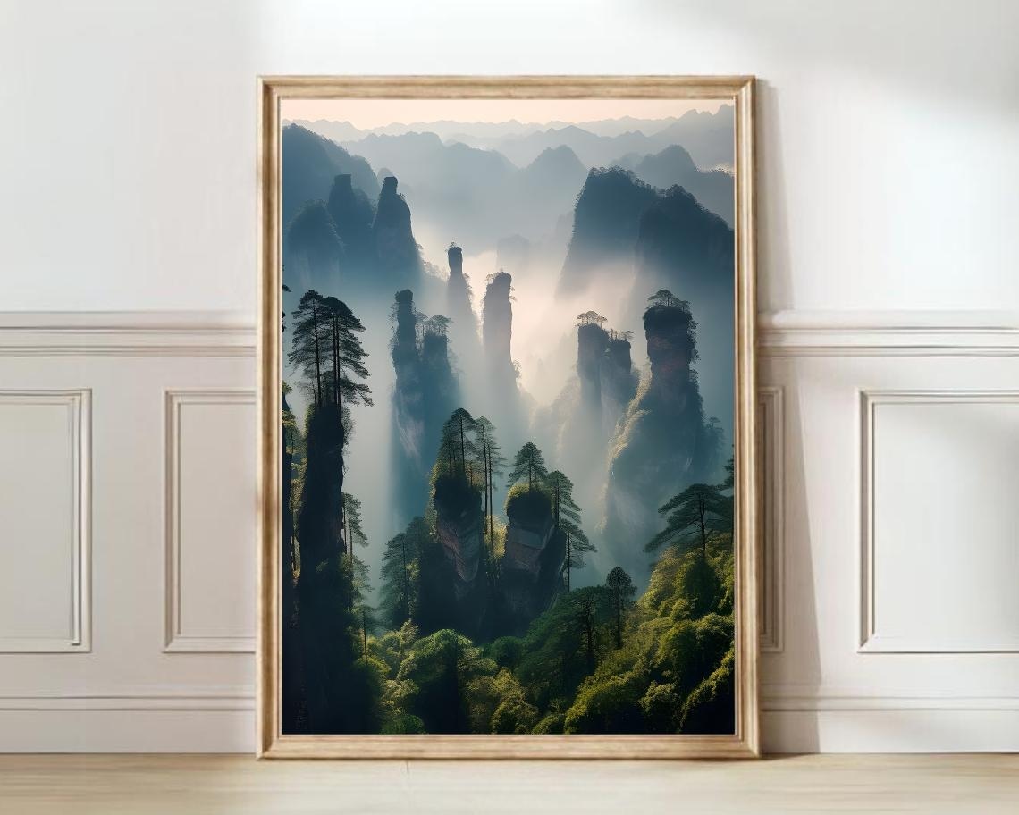 Zhangjiajie Misty Sandstone Pillars China Mountain Landscape Poster