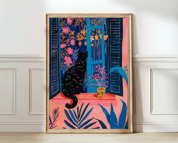 Black Cat At Window Matisse Inspired Fauvist Floral Art Poster