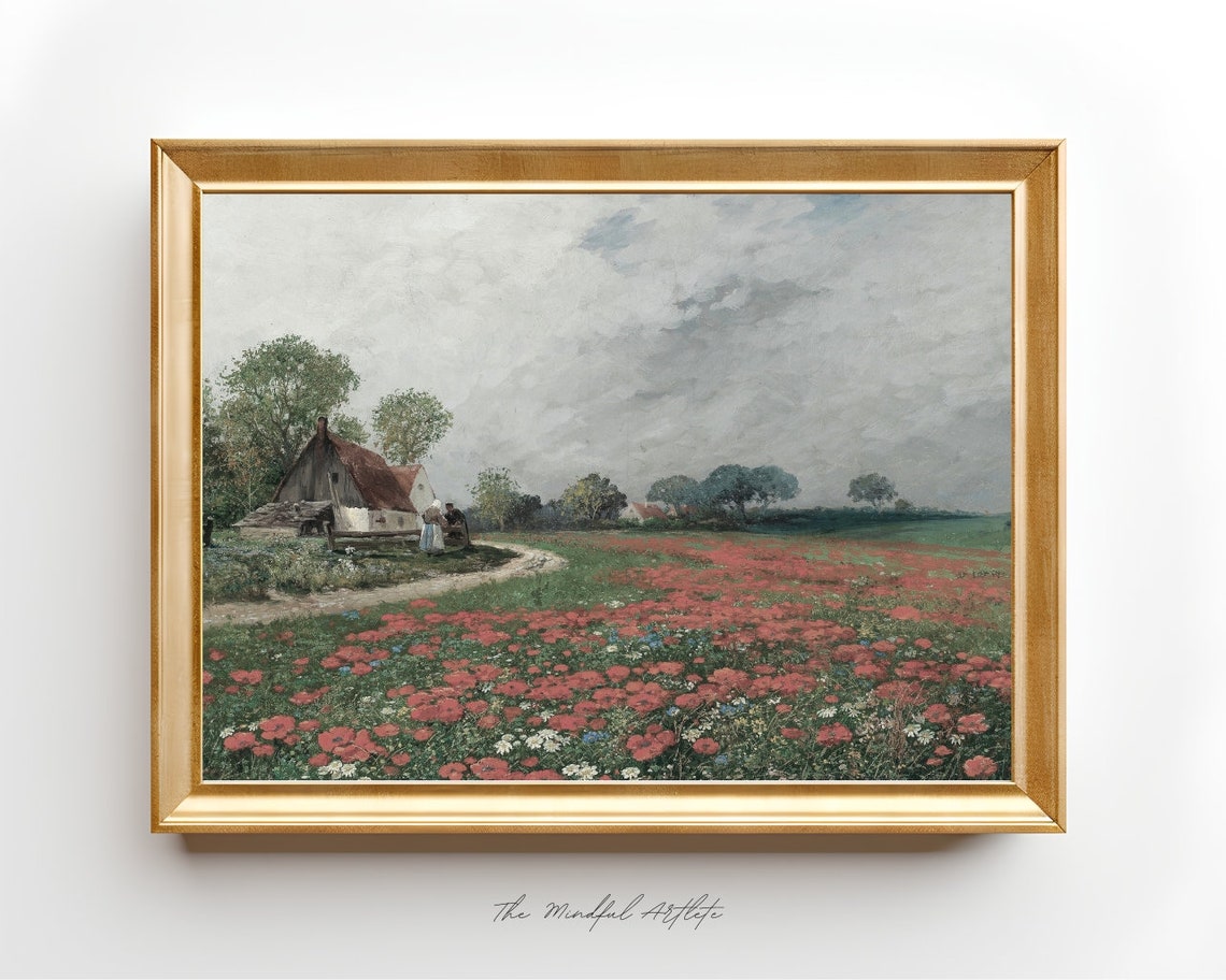 Vintage Meadow Painting Vintage Landscape Painting Flower Field Painting Landscape Print Vintage Print Farmhouse Decor Rustic Country Print