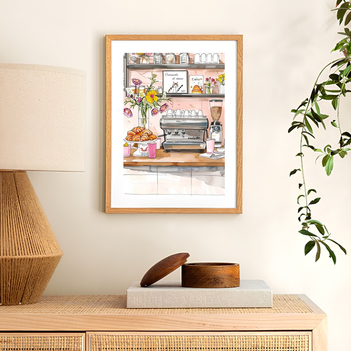 Pink French Coffee Bar Espresso Croissants Floral Watercolor Poster - Image 2