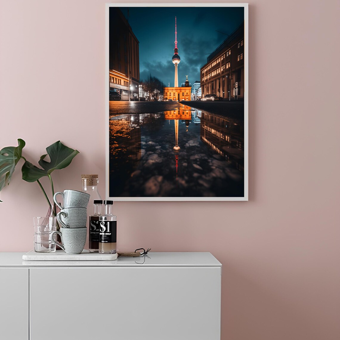 Berlin Germany TV Tower Night Street Reflection Travel Art Poster - Image 2