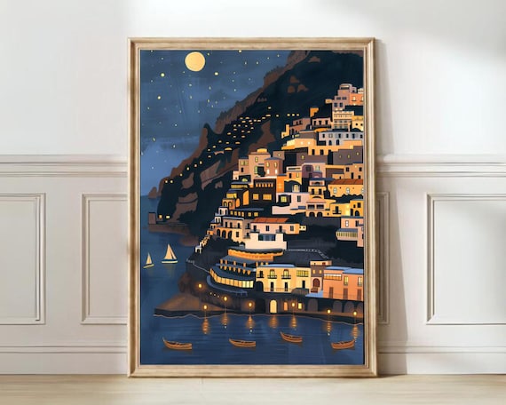 Positano Italy Night Lights Coastal Town Illustration Poster