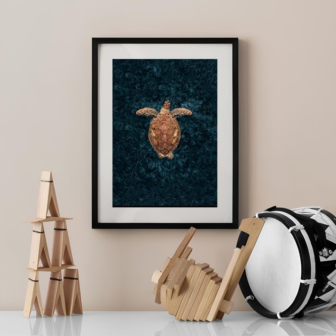 Sea Turtle Swimming Aerial Ocean Photography Dark Teal Poster - Image 3